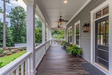 Front porch with white vertical siding, natural wood floors, and dark grey pine flooring in downtown Stone Mountain, Georgia.