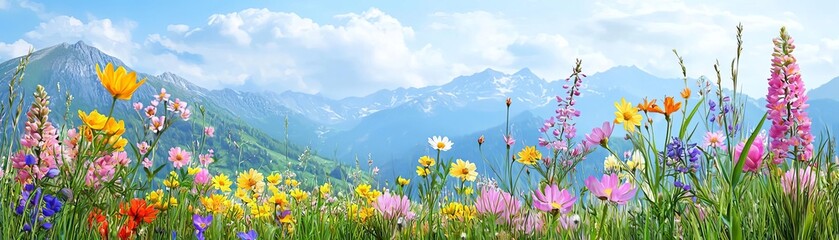 Fototapeta premium Mountain landscape adorned with blooming wildflowers, Spring mountains, Colorful nature