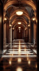 An Elegant, Ornate Hallway with Archways and Warm Lighting