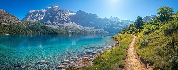 Mountain trail leading to a clear blue lake, Hiking trail, Adventure path