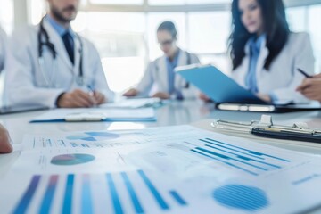 Medical professionals analyzing patient data and charts during a team meeting. The environment is professional and detail-oriented, Generative AI