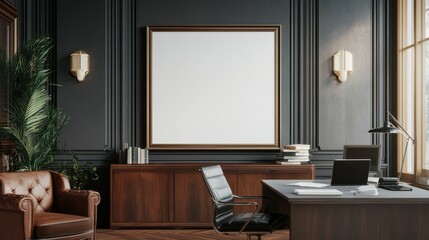 Modern Office Interior with Large Framed Canvas, Desk, and Leather Chair