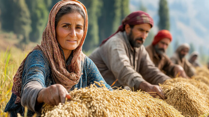 Farmers working together harvesting rice crops in a large field