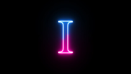 Glowing neon capital letter alphabet I. Purple and blue neon font letter 