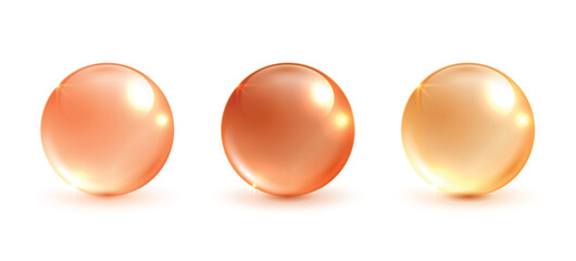 Glass cosmetics ball and vitamin c, shiny and orange glass balls collection on white background. vector round circle.