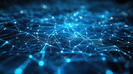 A blue background filled with a complex network of interconnected dots and lines, representing a technological or digital concept.