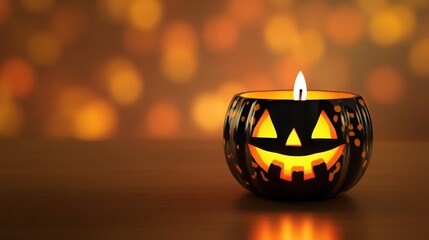 Halloween Candle Display, a whimsical 3D candle shaped like a jack-o'-lantern, resting on a simple surface, inviting seasonal text alongside its vibrant design.