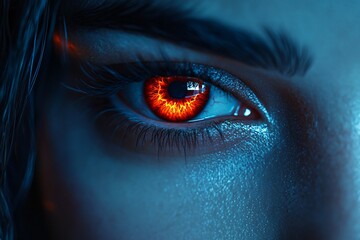Naklejka premium A captivating close-up of a woman's piercing red eye, creating a dark, eerie atmosphere perfect for Halloween themes and designs with copy space.