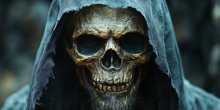 A spooky human skull in a grim reaper hood on a dark background, perfect for Halloween-themed projects and designs with copy space.