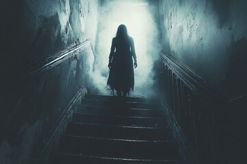 A ghostly figure stands at the top of a dark staircase shrouded in fog, ideal for Halloween-themed designs or spooky storytelling, with copy space.