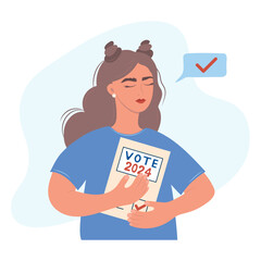 Vote 2024. Girl hugging Vote ballot. People voting. Element for election design. Isolated vector illustration.