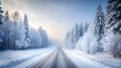 road covered with snow and at winter blurred horizon and white forest in white fog sky