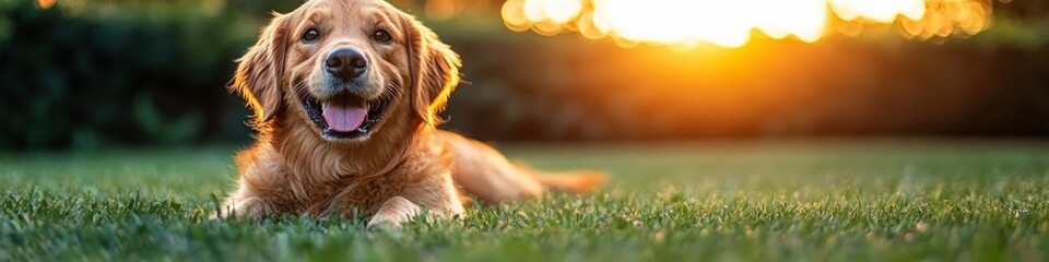 Obraz premium Joyful Family Playtime: Golden Retriever Frolics with Kids on Lush Backyard Lawn. Heartwarming Scene of Pet Companionship and Childhood Bliss. Abstract Minimalist Composition with Elegant Gradient Tex