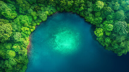 Aerial view of a tranquil lake surrounded by lush green forest, capturing a serene and peaceful natural landscape