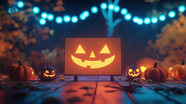 Halloween podium, vibrant 3D design, softly glowing display board, perfect for showcasing festive messages, enhances spooky celebrations and adds a playful touch to events.