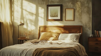 A bed with a wooden headboard, linens, and a bedside table with a lamp