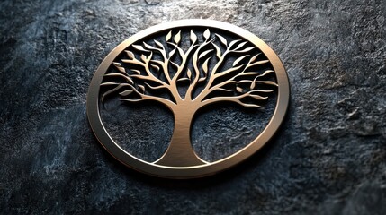 A metallic logo with hard edge for the tree of life