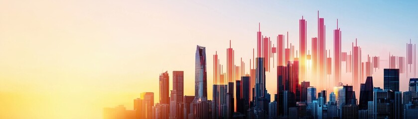 Obraz premium A stunning city skyline at sunset, showcasing vibrant colors and modern architecture that captures the essence of urban life.