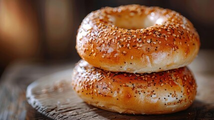 Three freshly baked poppy seed bagels with a golden-brown crust,