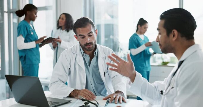 Healthcare, discussion and doctors with laptop in hospital with negative feedback for surgery. Meeting, computer and team of surgeons with review for medical procedure fail, accident or mistake.