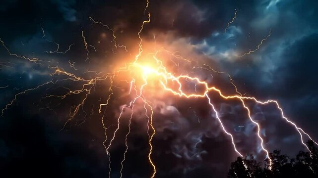 Abstract cosmic background with glowing lightning bolts in a dark nebula.