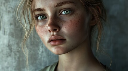 A woman with an eerie and unsettling expression on her face, looking at the camera with a chilling gaze