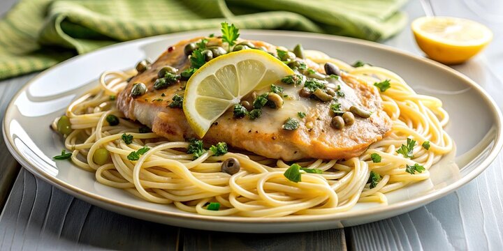 Chicken piccata with lemon caper sauce over spaghetti pasta isolated on background