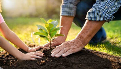 Fototapeta premium Generations Nurturing Nature: Grandfather and Granddaughter Planting a Tree Together