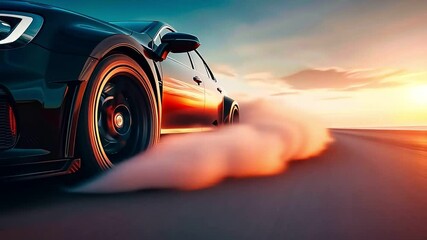 Close-up of a sports car burning rubber on a track with tire smoke drifting dramatically in backdrop. 