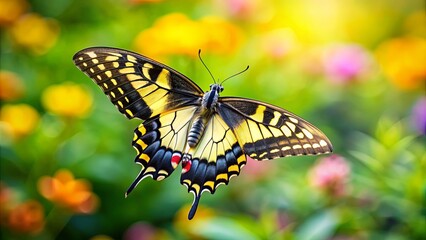 Naklejka premium Close-up of black yellow tiger swallowtail butterfly flying in garden with blurred green background, nature, wildlife