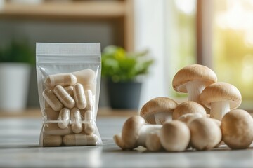 Capsules and fresh mushrooms displayed for health concept