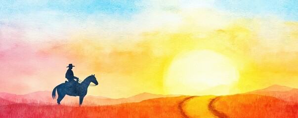 Cowboy riding into the sunset, trail leading off, endless horizon, watercolor style
