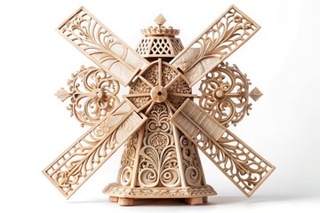 The image shows a detailed windmill with intricately carved blades and a sturdy body adorned with delicate patterns like spirals, geometric shapes, and nature-inspired motifs. The white background hig
