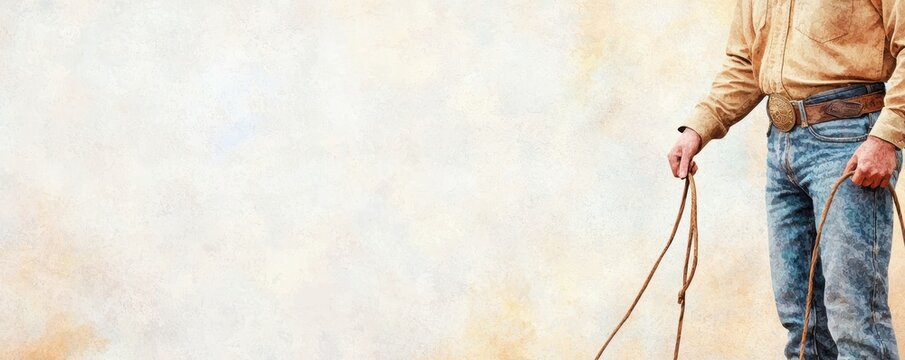 Cowboy holding reins, close-up of hands, rugged texture, watercolor style