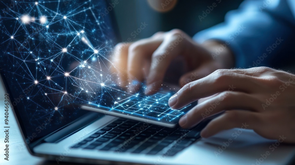 Poster person's hand interacting with laptop screen showing a network visualization