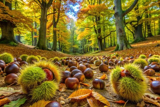 Autumn&rsquo;s chestnut forest is a warm palette of green, yellow, and orange. Tall chestnut trees, with rough trunks, stand closely together. Brown squirrels eagerly climb the branches, searching for ripe 