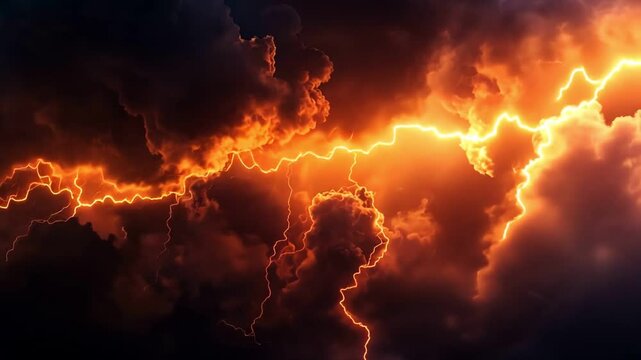 Dramatic and fiery lightning bolt cutting through ominous dark clouds