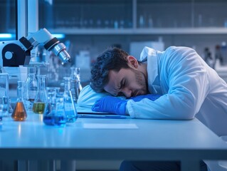 Obraz premium A scientist asleep at a laboratory desk, symbolizing fatigue, sleepiness, and research burnout syndrome.