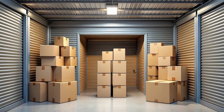 Cardboard boxes stacked in self storage unit , self storage, cardboard boxes, organization, moving, clutter, storage unit