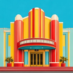 Retro Cinema Entrance with Bright Colors and Palm Trees