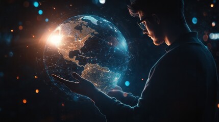 Businessman holding global network and data exchanges over the world, generative ai