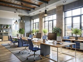 Fototapeta premium The office features an open space with ergonomic furniture fostering collaboration and comfort among employees as natural light pours in.