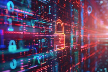 Digital Security Lock Icon in Abstract Data Stream