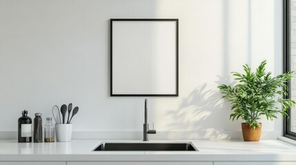Modern Kitchen Interior with Blank Picture Frame, Sink, and Plant