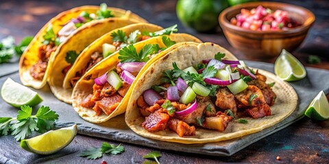 Vibrant image of Tacos Al Pastor with marinated pork, pineapple, cilantro, and onions, Mexican, street food