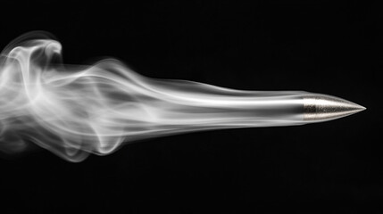 bullet in mid-flight leaves a dramatic trail of smoke, conveying speed, power, and impact in an empty blue backdrop, emphasizing motion and precision