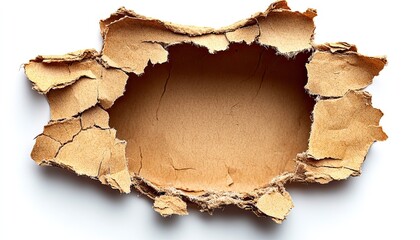 Torn cardboard with a hole in the middle. This image can be used to represent concepts like destruction, vulnerability, or fragility.