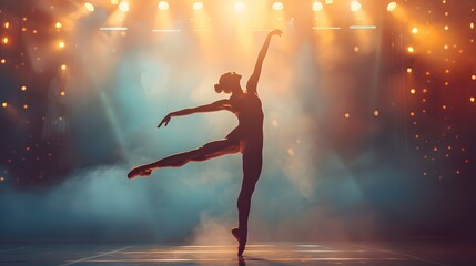 Naklejka premium graceful ballerina poses in the middle of the stage with beautiful mist and light as a background