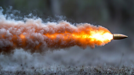 bullet in mid-flight leaves a dramatic trail of smoke, conveying speed, power, and impact in an empty blue backdrop, emphasizing motion and precision