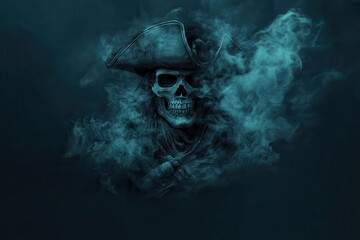 Fototapeta premium A haunting pirate skull shrouded in blue smoke, evoking mystery and adventure on the high seas, perfect for fantasy themes.